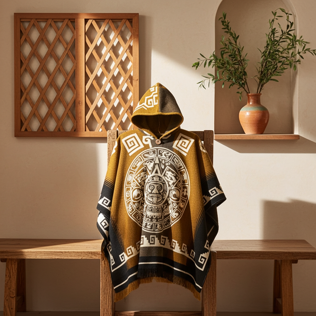 Aztec Calendar Handcrafted Mexican Poncho – Traditional Pattern Collection