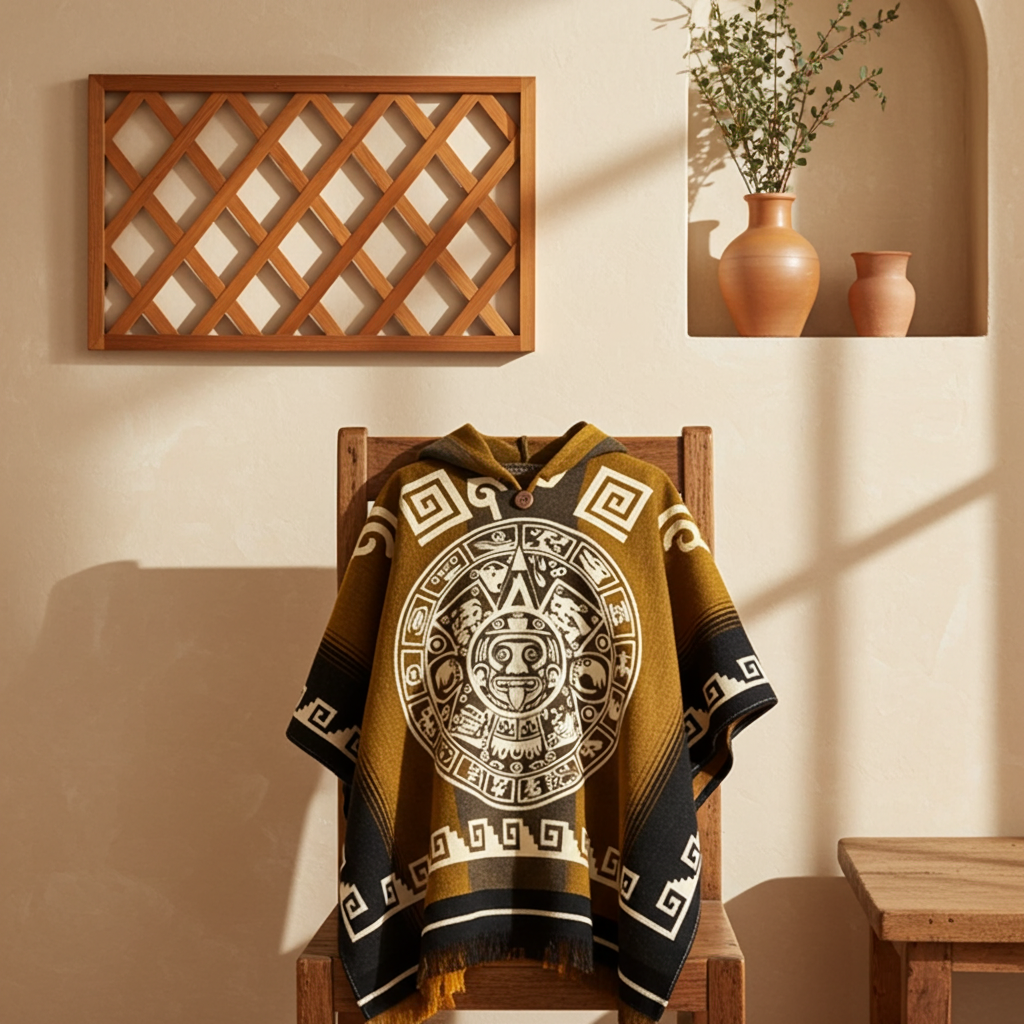 Aztec Calendar Handcrafted Mexican Poncho – Traditional Pattern Collection