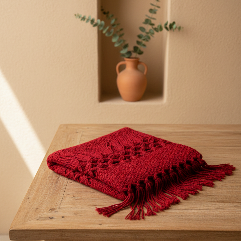 A folded red woven throw blanket with fringe tassels rests on a light wood table in a warm, sunlit room. In the background, a beige wall features a recessed niche holding a small terracotta vase with green eucalyptus stems.