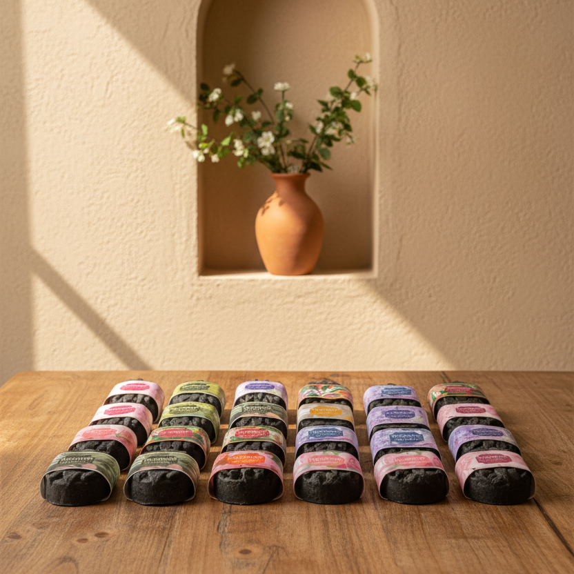A set of colorful packaged soap bars arranged in rows on a wooden table, with a terracotta vase of flowers in a recessed wall niche behind them.