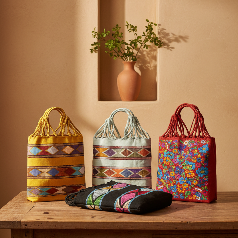 Three colorful woven tote bags and a folded matching bag displayed on a wooden table against a warm beige wall, with a vase of greenery in a recessed shelf behind them.