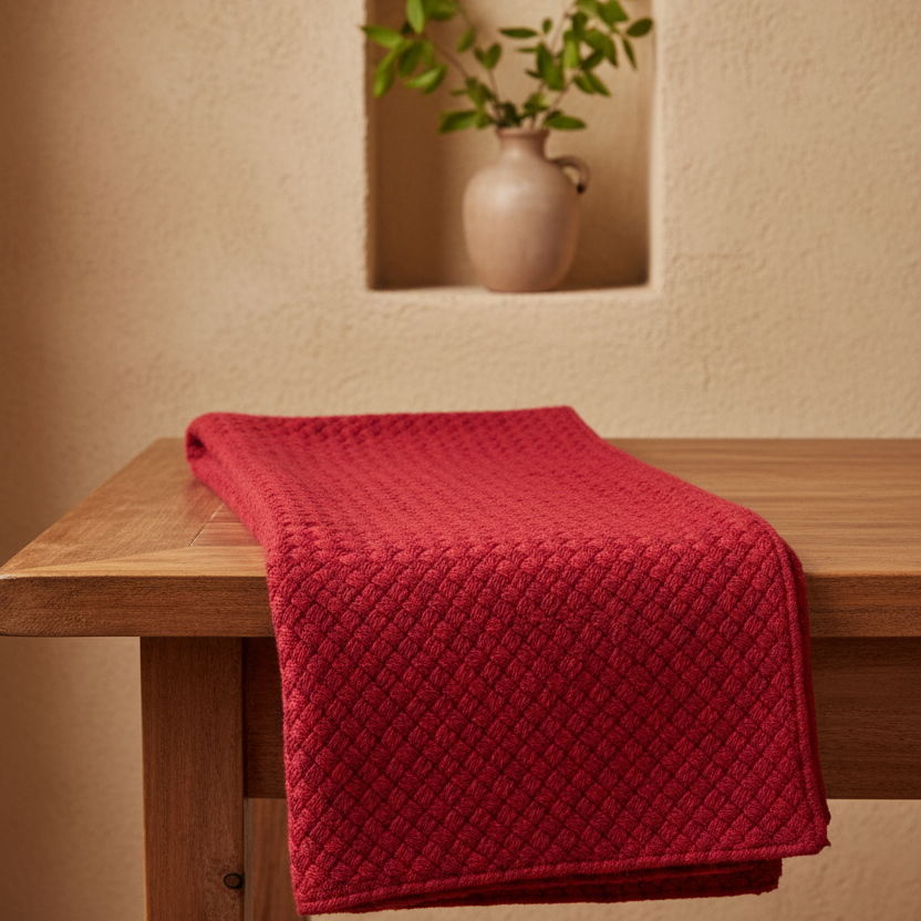 A folded red quilted table runner or throw blanket with a diamond-quilted texture draped over a wooden table, set against a warm beige stucco wall with a built-in niche holding a small vase of green leaves.