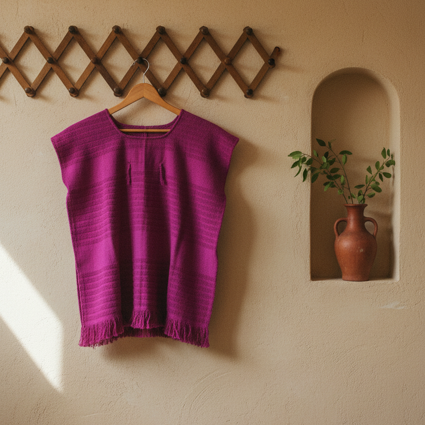 Purple textured top with fringes on a beige background
