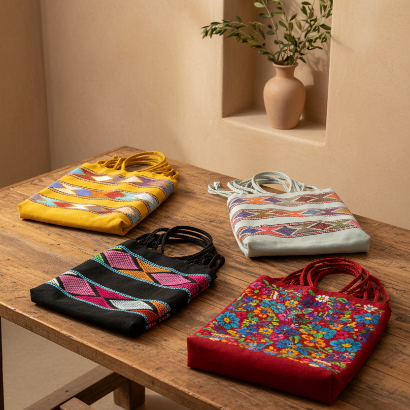 Four colorful woven tote bags arranged on a wooden table in a warm, neutral-toned room. The bags feature various geometric and floral patterns in yellow, black, red, and pastel colors.