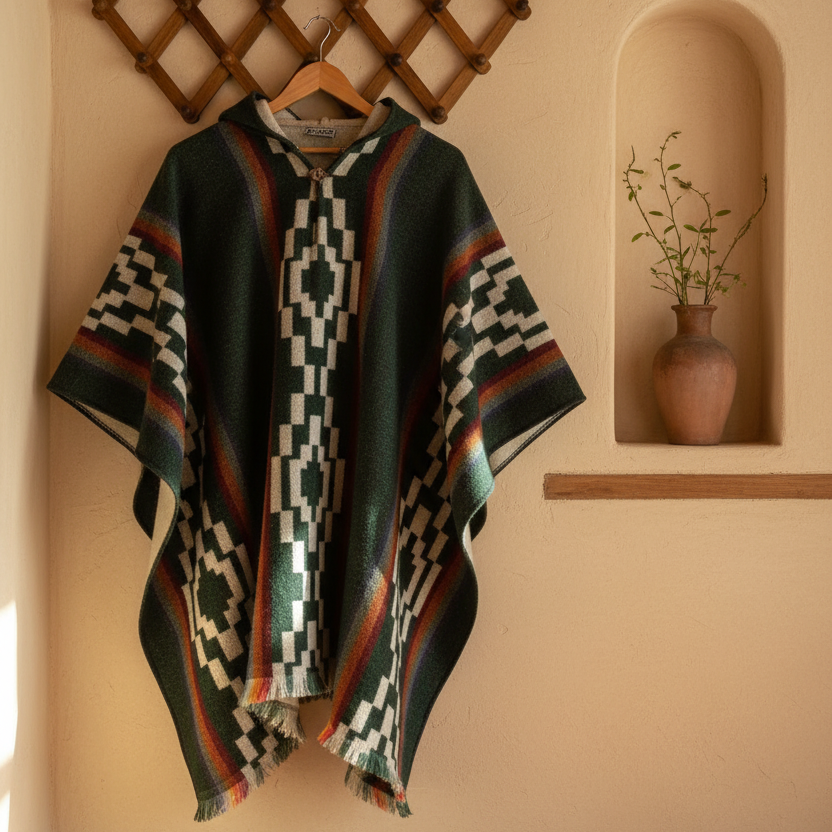 Man wearing a patterned poncho against a light background