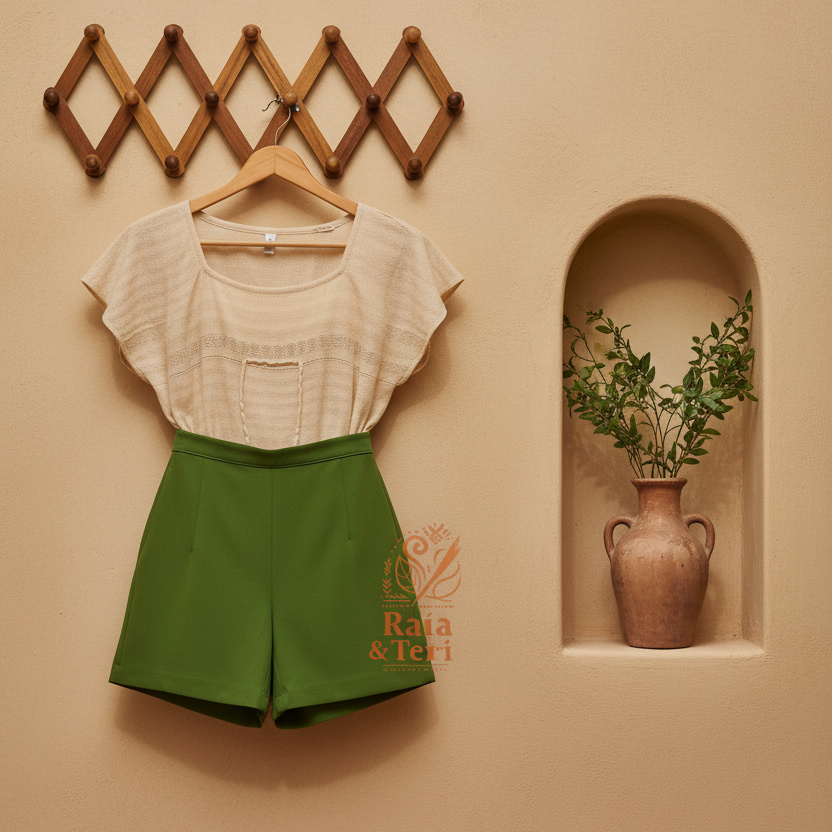 A women's two-piece outfit hanging on a wooden hanger against a beige wall. The set includes a cream-colored textured short-sleeve top and high-waisted green shorts with a small orange logo on the left leg.