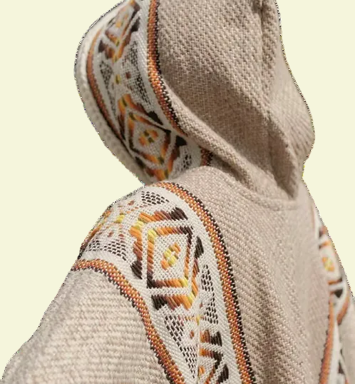 Textured fabric with geometric patterns on a beige background