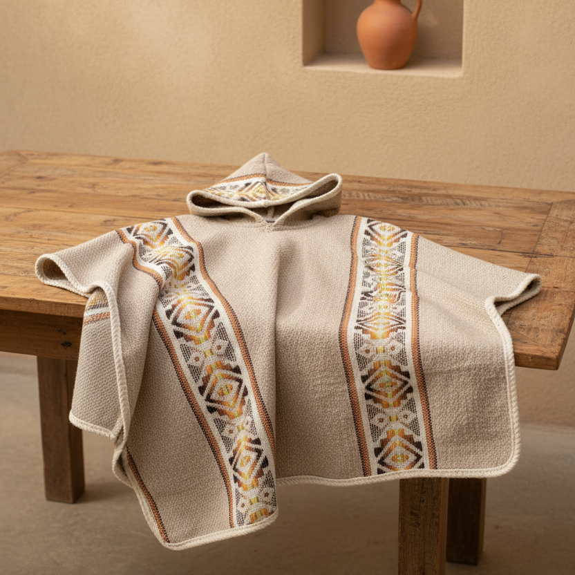 A hooded poncho with a textured cream base and geometric patterned borders in orange, yellow, gray, and brown, draped over a rustic wooden bench.