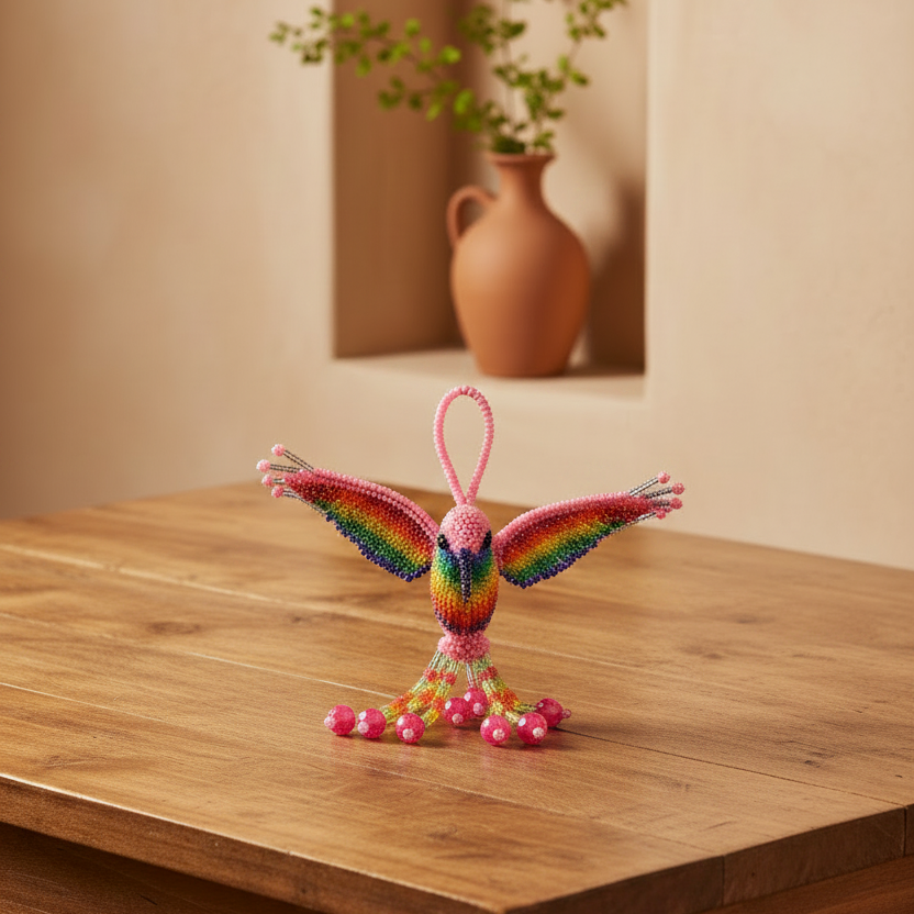Pink Handmade Beaded Hummingbird Key