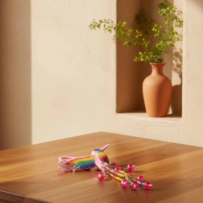 Pink Handmade Beaded Hummingbird Key