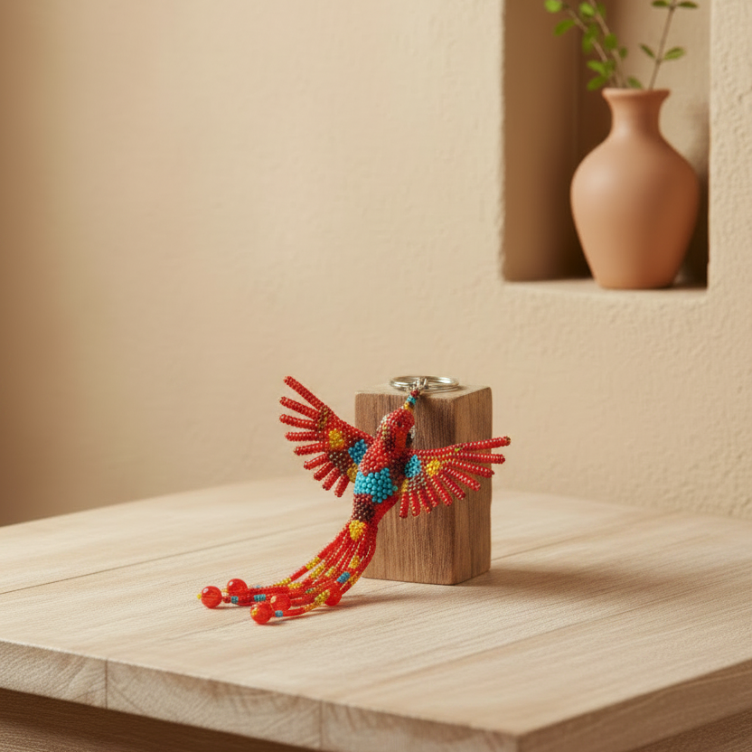 A small handmade bird ornament made from red, blue, yellow, and orange beads, perched on a wooden block on a light wood table with a warm beige wall and shelf vase in the background.