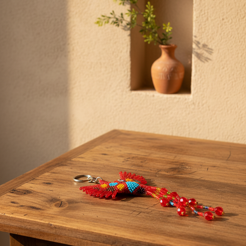 A colorful beaded bird keychain with red, blue, and yellow beads and a silver key ring, resting on a rustic wooden table with a warm, sunlit background.