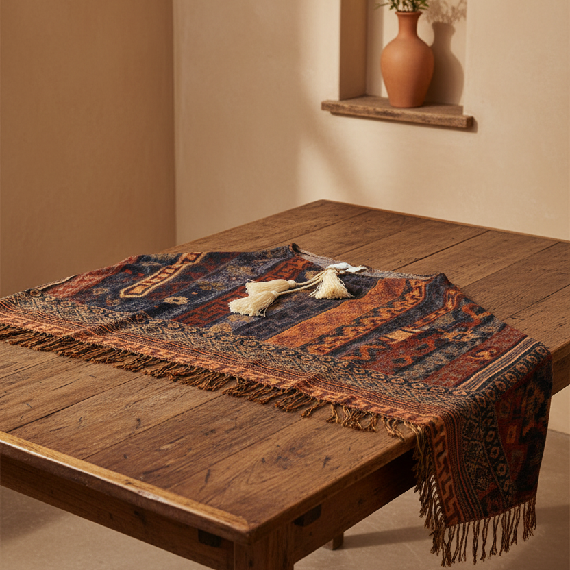 A patterned bohemian-style throw blanket with tassels draped over a rustic wooden table in a warm, neutral-toned room.
