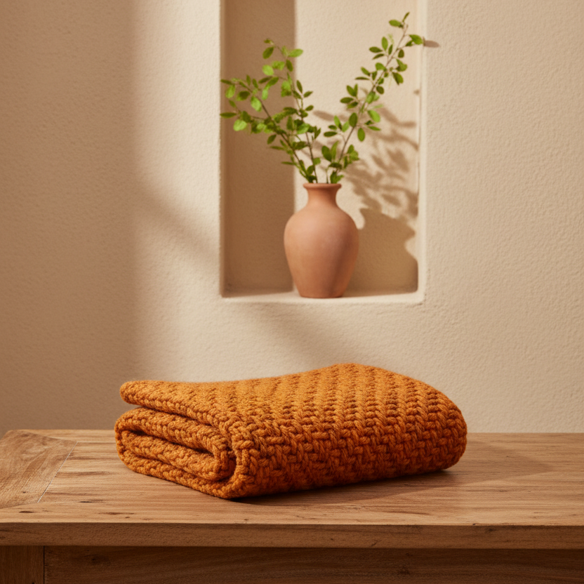 A folded chunky knit throw blanket in a warm rust-orange color sits on a light wood table, with a small terracotta vase of green branches displayed in a recessed wall niche behind it.

rebozo