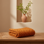 A folded chunky knit throw blanket in a warm rust-orange color sits on a light wood table, with a small terracotta vase of green branches displayed in a recessed wall niche behind it.

rebozo