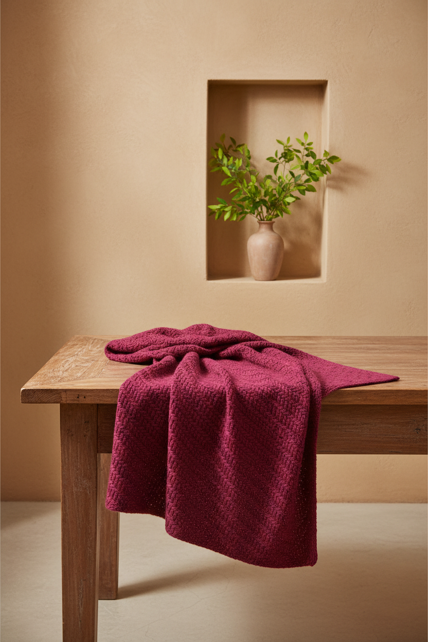 A textured, deep magenta throw blanket draped over a wooden table in a warm, minimalist room with a beige wall and a recessed shelf holding a small potted plant.

rebozo