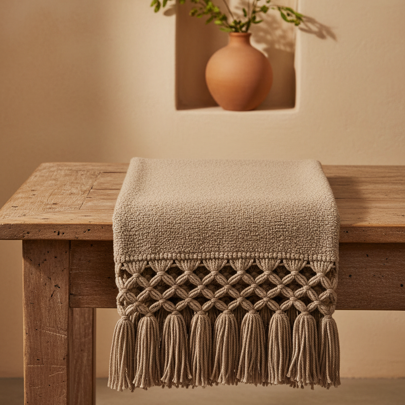 A beige textured throw blanket with a woven geometric pattern and tassel fringe, draped over a rustic wooden table in a warm, neutral-toned interior setting.