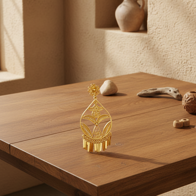 A single ornate gold-toned earring displayed on a wooden table in a warm, rustic interior setting with neutral decor in the background.