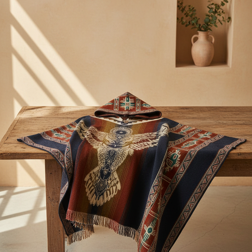 A hooded woven blanket or poncho with a large eagle motif and geometric border patterns, draped over a wooden table in a warm, sunlit room.