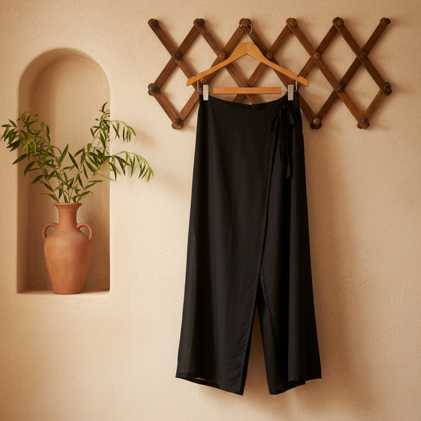Black wide-leg cropped pants hanging on a wooden hanger from a brown wooden lattice wall rack, with a beige textured wall, a recessed shelf, and a terracotta vase with green leaves in the background.