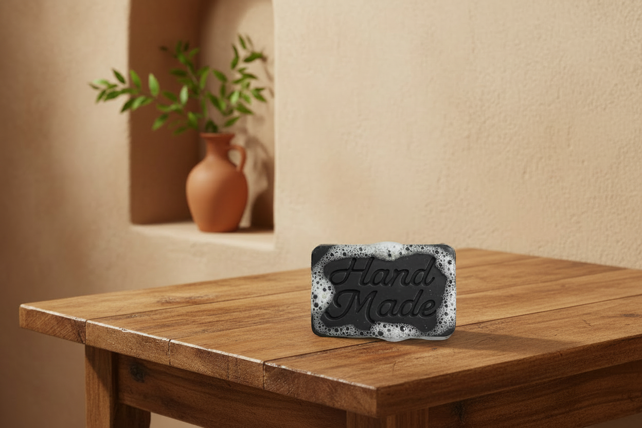 A rectangular slate soap bar with 'Hand Made' embossed on the front, resting on a wooden table in a warm, rustic interior setting with a terracotta vase in the background.