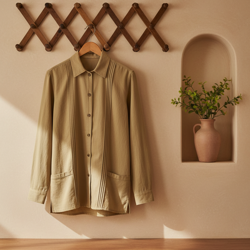 Beige jacket with button details on a beige background