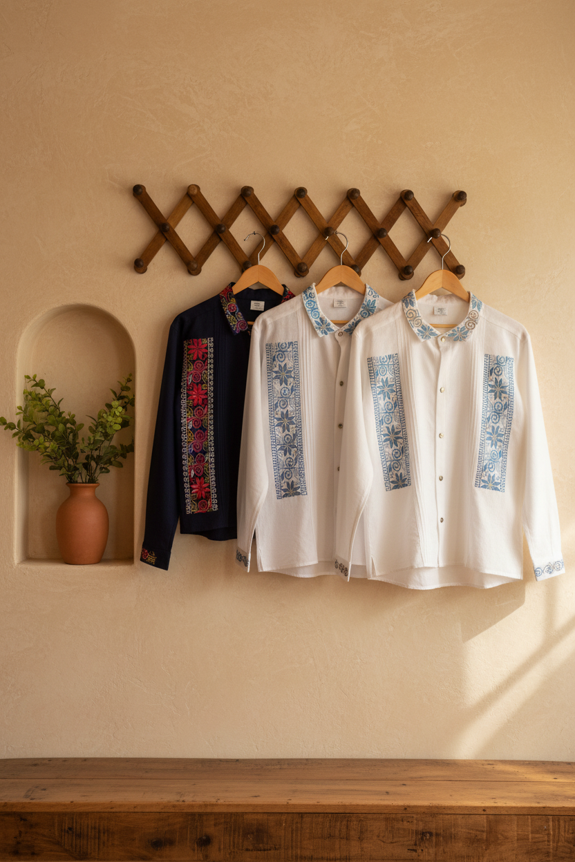 Three embroidered long-sleeve button-up shirts hang on a wooden wall rack against a beige plaster wall. The center and right shirts are white with blue floral embroidery on the chest and collar, and the left shirt is dark navy with red and blue embroidery.