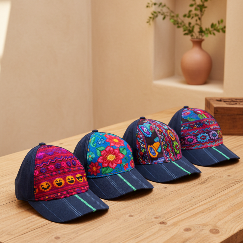 Four embroidered baseball caps lined up on a wooden table, featuring vibrant multicolor floral and geometric patterns on navy blue caps and visors, with a warm beige background and a blurred terracotta vase.