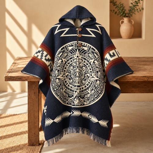 A navy blue hooded poncho with a large circular Aztec calendar print on the front, draped over a rustic wooden bench in a warm, sunlit room.