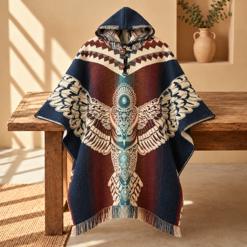 A hooded woven poncho with a large central bird motif and geometric border details, draped over a rustic wooden bench in a warm indoor setting.