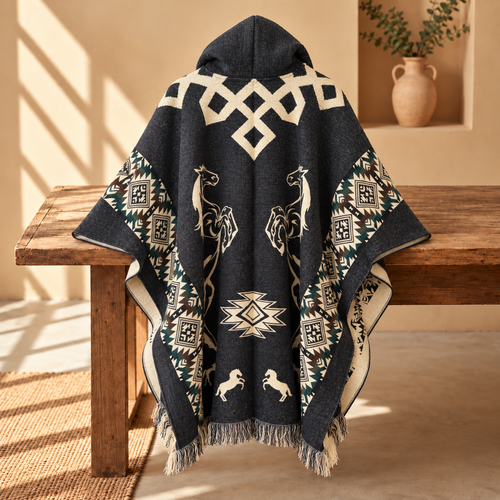 A dark navy hooded throw blanket with cream and sage green geometric and horse motifs, draped over a rustic wooden bench in a warm, sunlit room.
