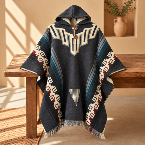 A hooded woven poncho with geometric Southwestern-style patterns in navy, cream, teal, and burgundy, draped over a rustic wooden bench in a warm, sunlit room.