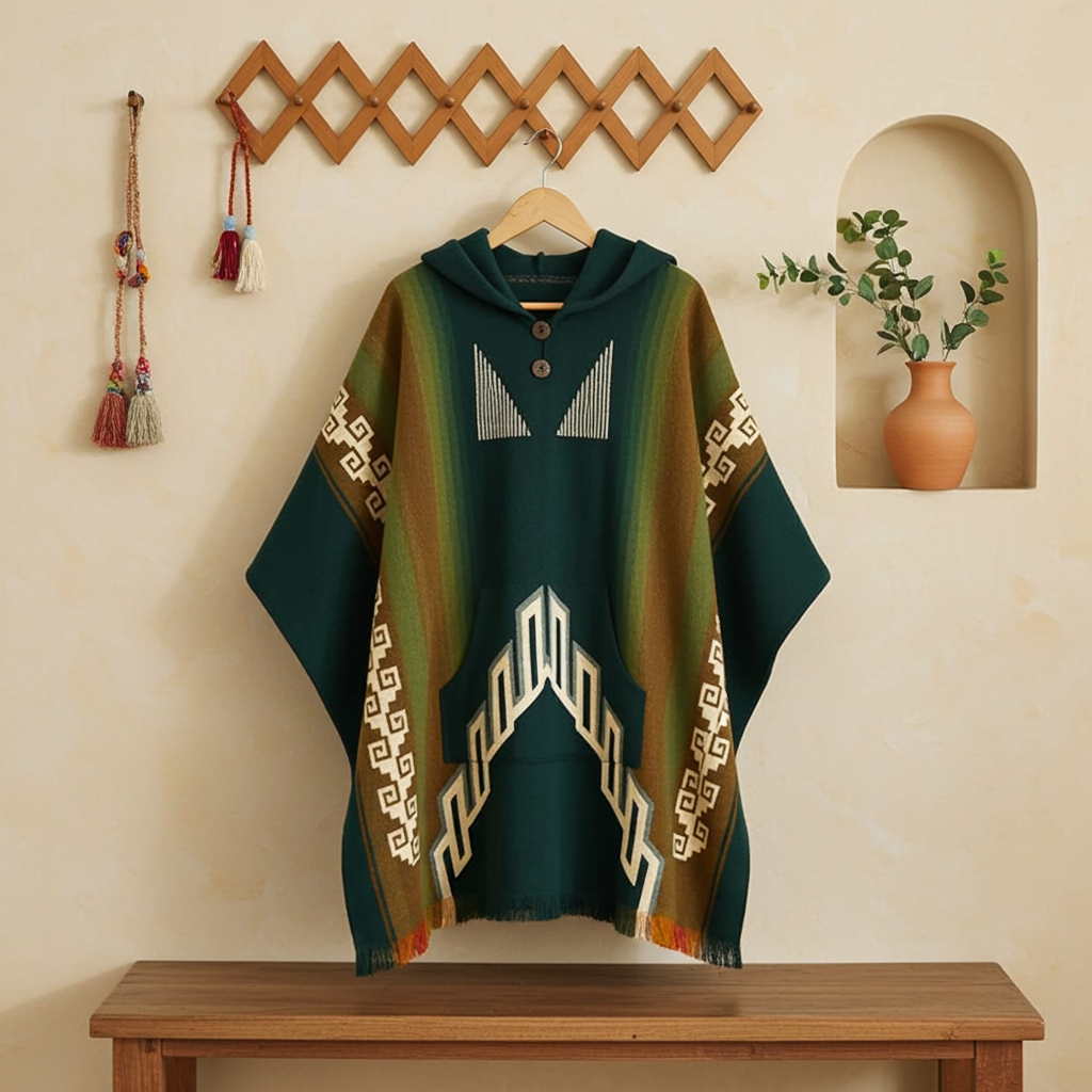 Green Handcrafted Mexican Poncho – Traditional Pattern Collection