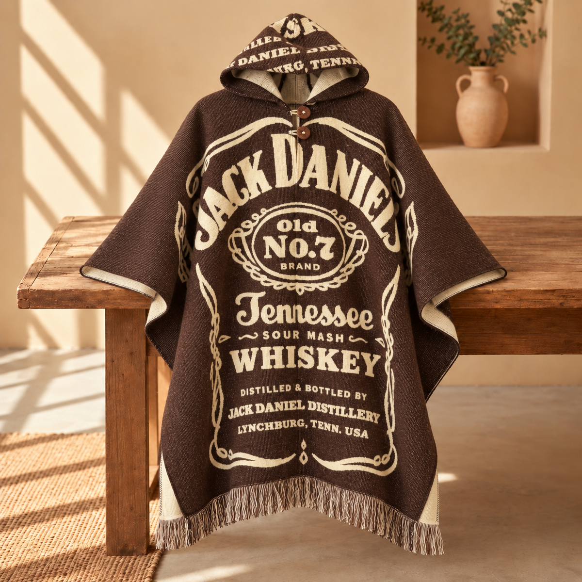 A brown hooded poncho with cream-colored Jack Daniel's Old No. 7 Tennessee Sour Mash Whiskey graphic print, draped over a rustic wooden bench in a warm, sunlit room.