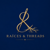 Logo of 'Raices & Threads' with a needle and roots design on a blue background