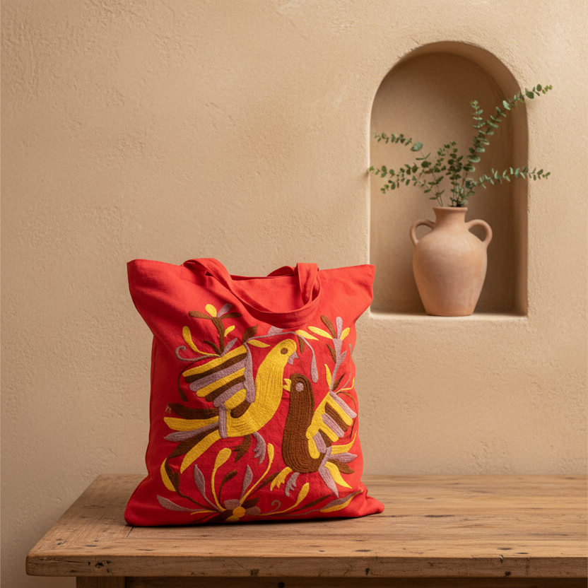 A red fabric tote bag with a colorful embroidered bird and floral design sits on a rustic wooden table against a beige stucco wall with a built-in niche holding a small vase of greenery.