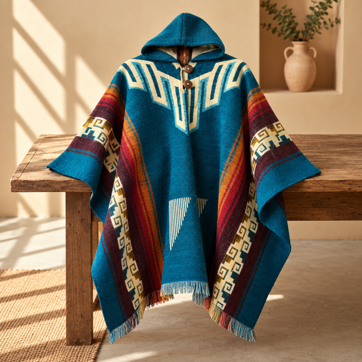 A hooded woven poncho with a Southwestern geometric pattern, draped over a rustic wooden bench in a warm, sunlit room.
