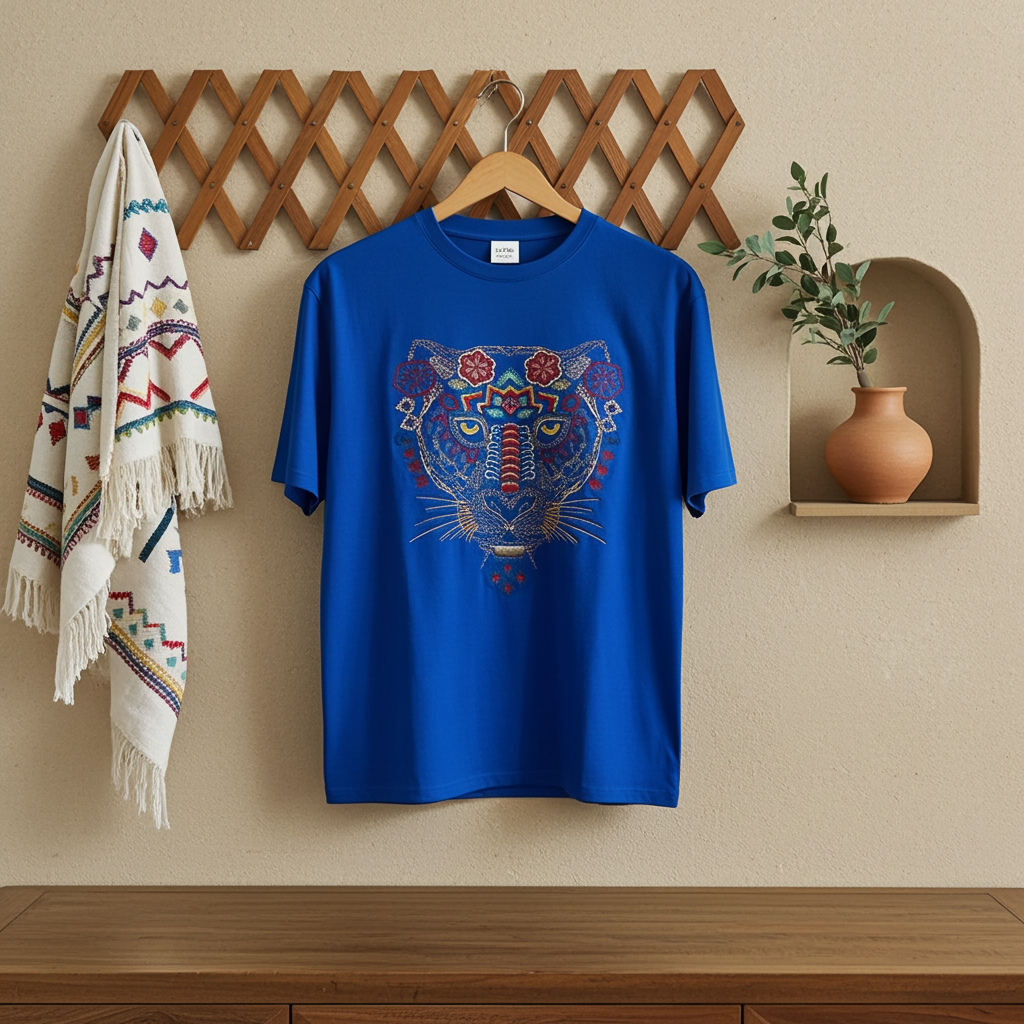 Blue t-shirt with a tiger design hanging on a wooden hanger against a beige wall.