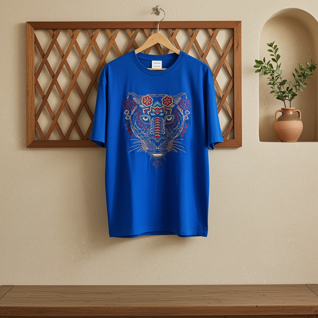 Blue t-shirt with a colorful tiger design hanging on a wooden hanger against a beige wall.