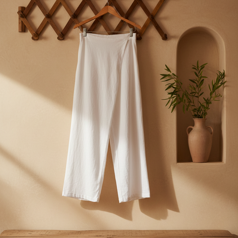 White wide-leg pants on a light yellow background