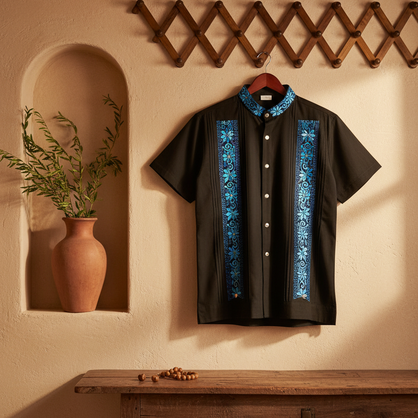A black short-sleeve button-up shirt with vibrant blue embroidered vertical panels and a matching blue patterned collar, hanging on a wooden hanger against a textured beige wall with a decorative shelf and plant.