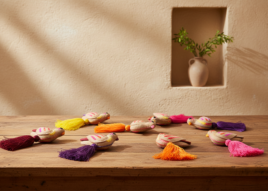 A set of colorful bird-shaped wooden toy whistles with tassels, arranged on a rustic wooden table against a textured beige wall with a recessed shelf holding a small vase of greenery.