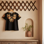 Black top with gold floral embroidery on a beige background