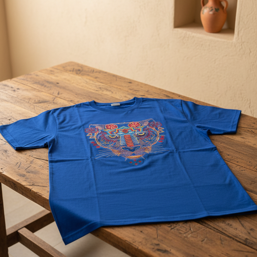 A royal blue short-sleeve t-shirt with a colorful embroidered tiger graphic on the front, laid flat on a rustic wooden table.