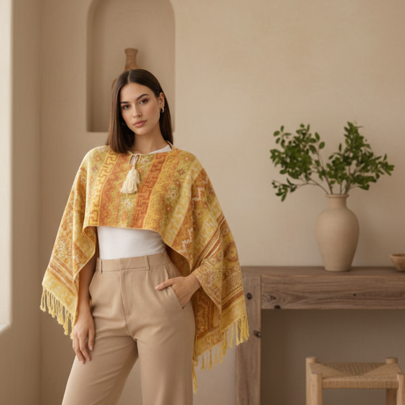 A woman modeling a yellow and orange patterned poncho with tassels, styled with beige trousers in a warm, minimalist room with a wooden table and vase.