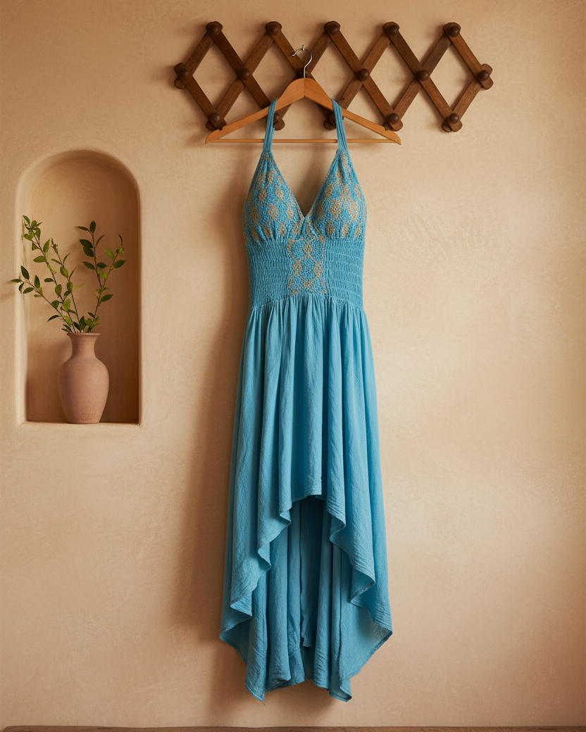 A turquoise blue high-low dress with a crochet lace bodice and halter neck, hanging on a wooden hanger from a decorative wooden wall rack against a textured beige wall.