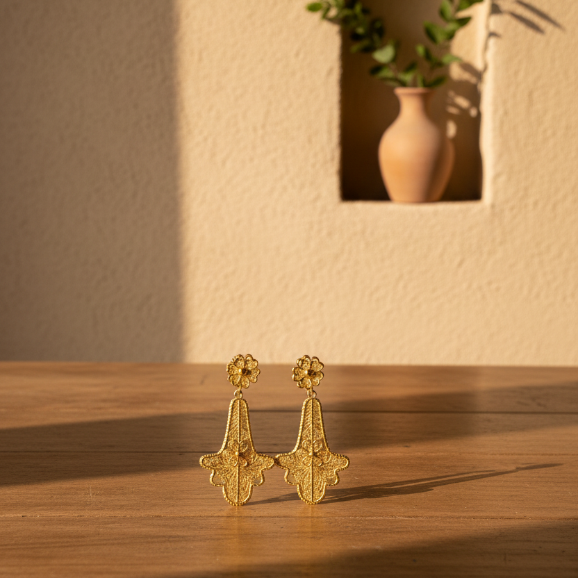 A pair of textured gold dangle earrings displayed on a wooden table, with a warm beige wall and a small vase in the background.