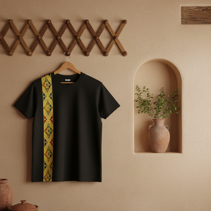 Black t-shirt with a colorful geometric pattern on a beige background