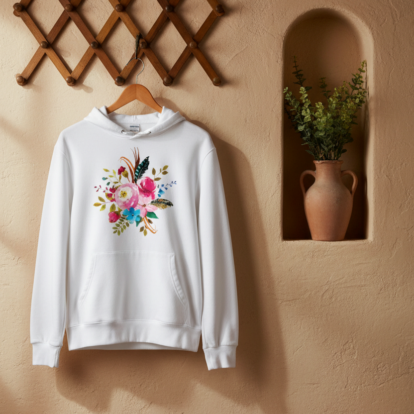 A white pullover hoodie hanging on a wooden hanger against a warm beige wall, featuring a colorful floral and feather graphic on the chest. The setting includes a wooden lattice wall decor piece and a recessed niche with a terracotta vase containing green plants.