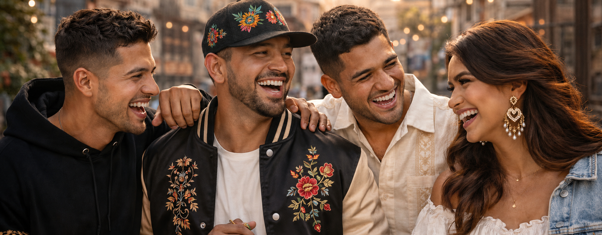 Four people posing together outdoors at night, with the central focus on a man wearing a black embroidered bomber jacket and a matching embroidered cap from raices and threads, surrounded by three smiling men and a woman in a light denim jacket.